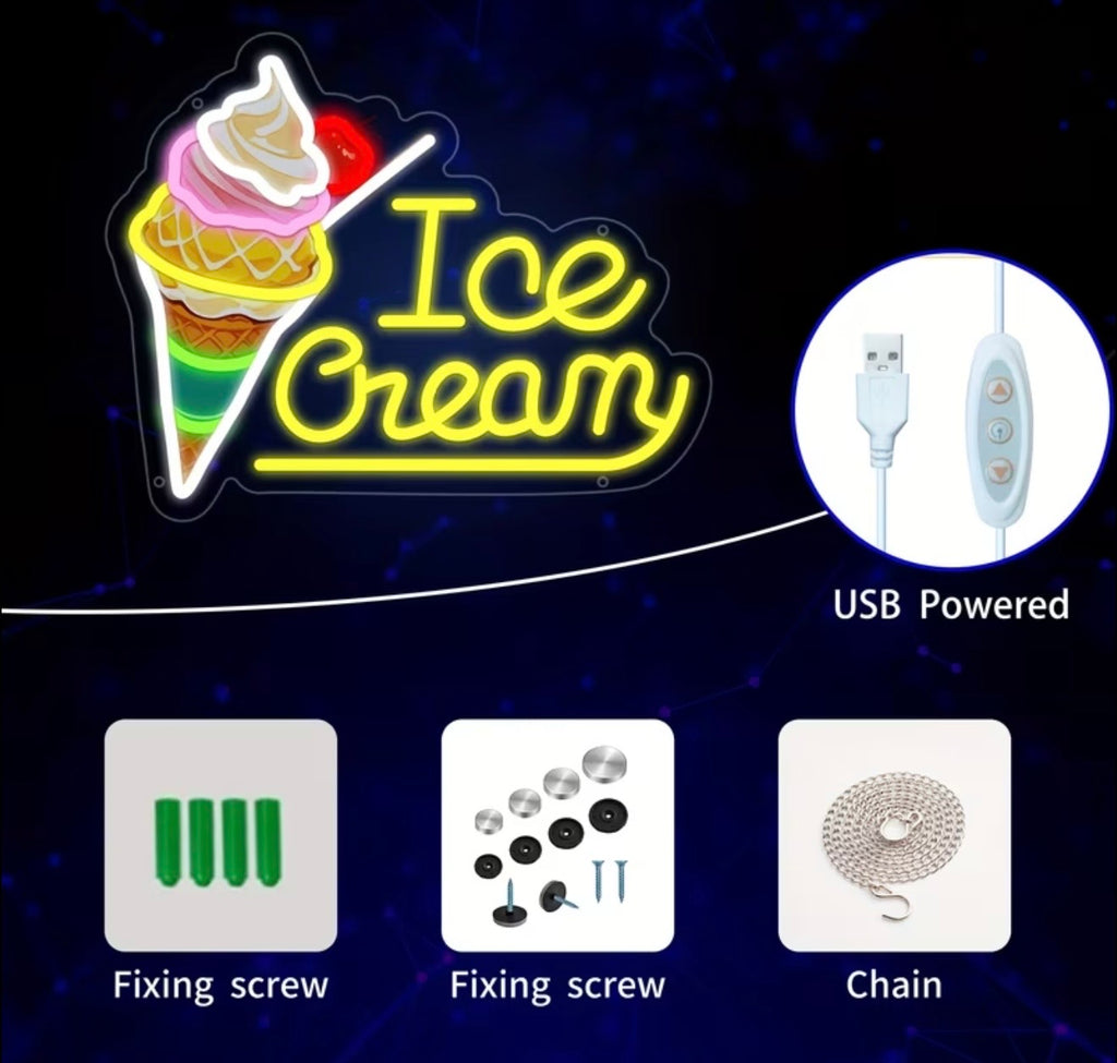 Ice Cream Neon Sign LED USB Powered Push Button Room/Wall Decor