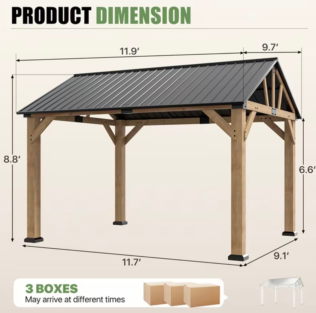 10x12ft Outdoor Wood Gazebo with Galvanized Steel Hardtop Roof