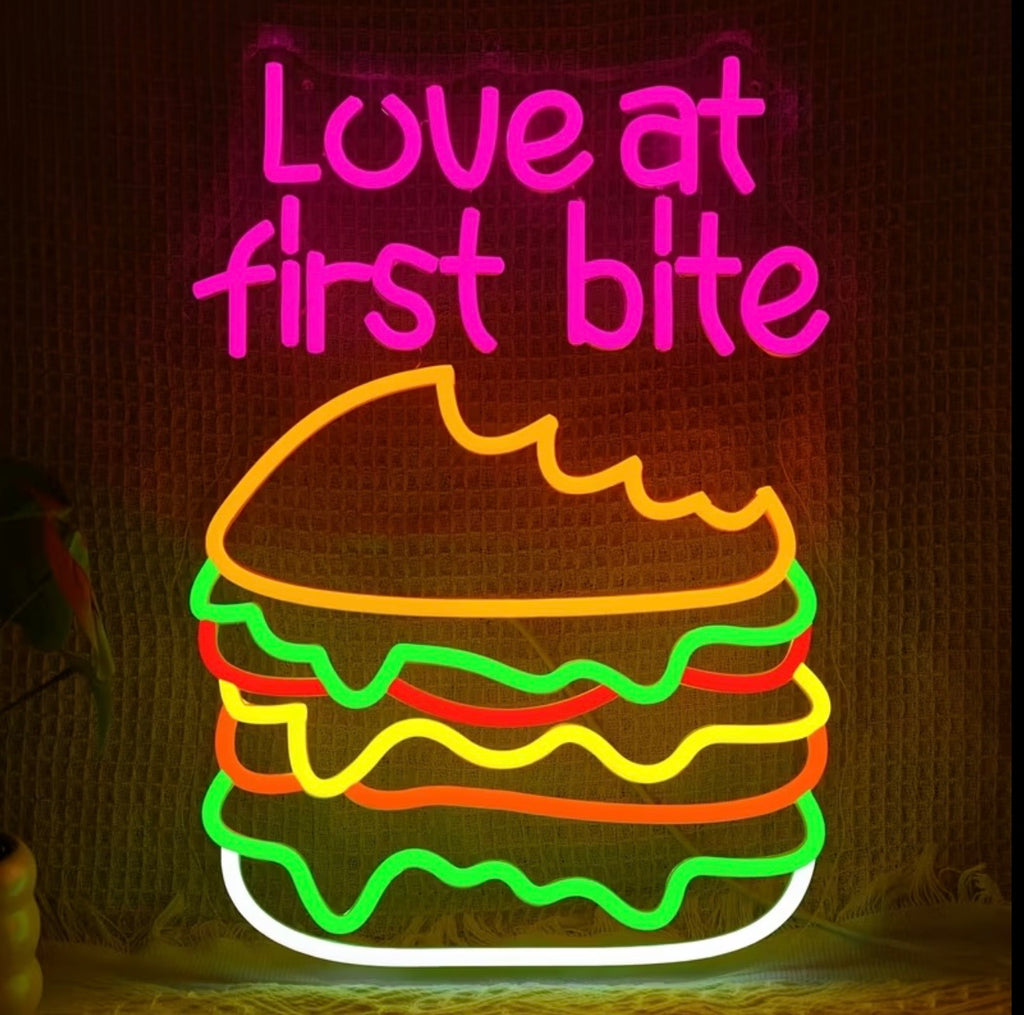 Love At First Bite Neon Sign LED Perfect for Restaurants USB Powered Light