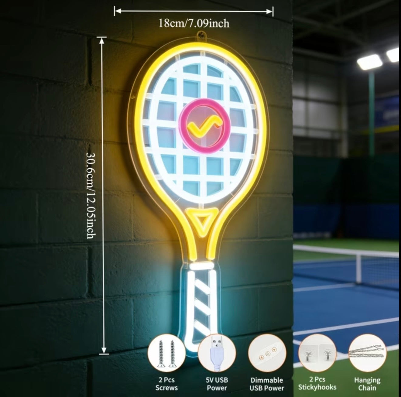 Tennis Racket Neon Sign LED Fitness Room Game Hall Sign USB Powered