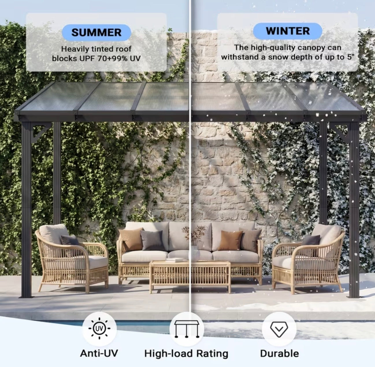 10x12ft Wall Mounted Lean-to Metal Awning