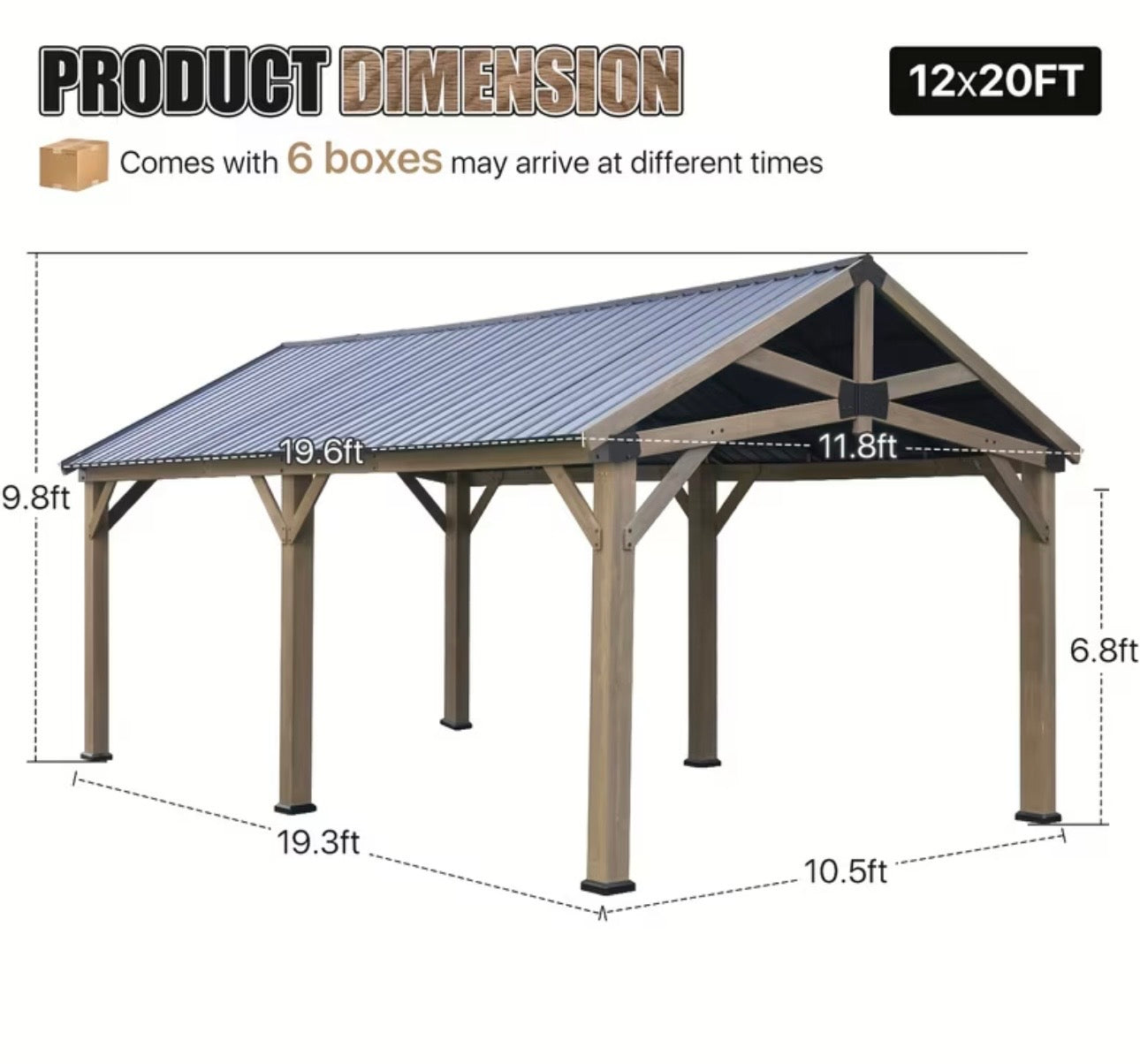 12x20ft Cedar Wood Gazebo Hardtop with Steel Gable Roof