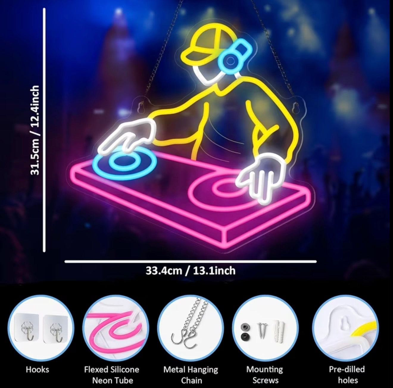 Music DJ LED Neon Sign 10 Adjustable Brightness USB Powered