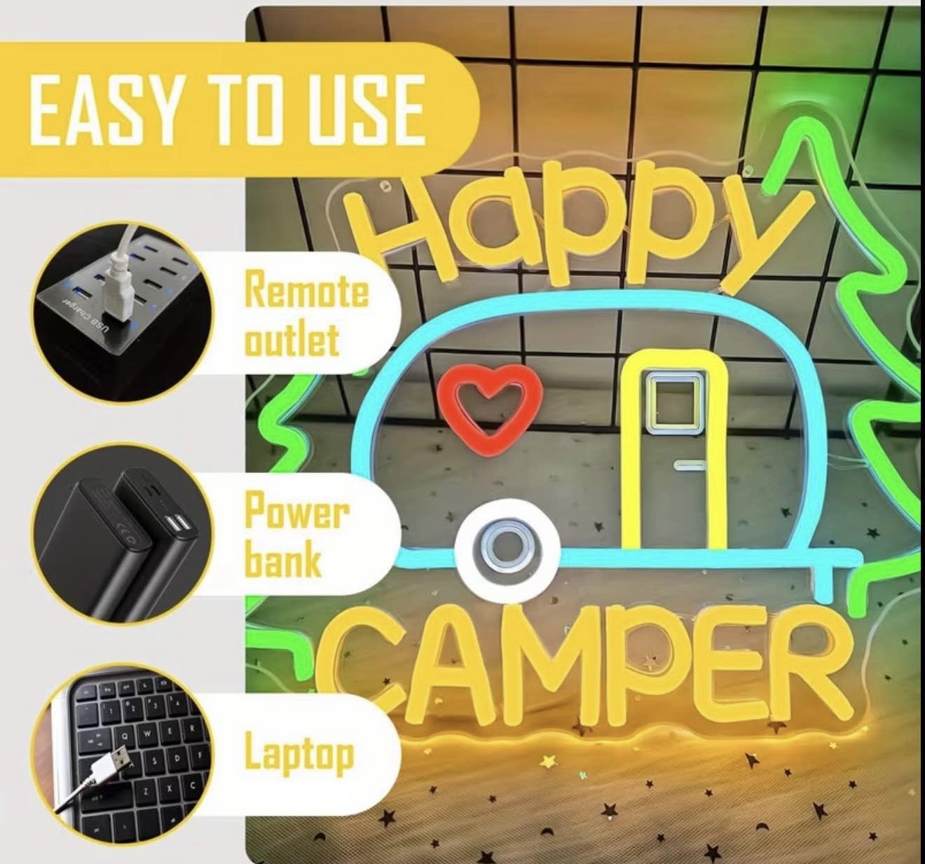Camper Neon Sign Camping Logo Adjustable LED USB Powered Light
