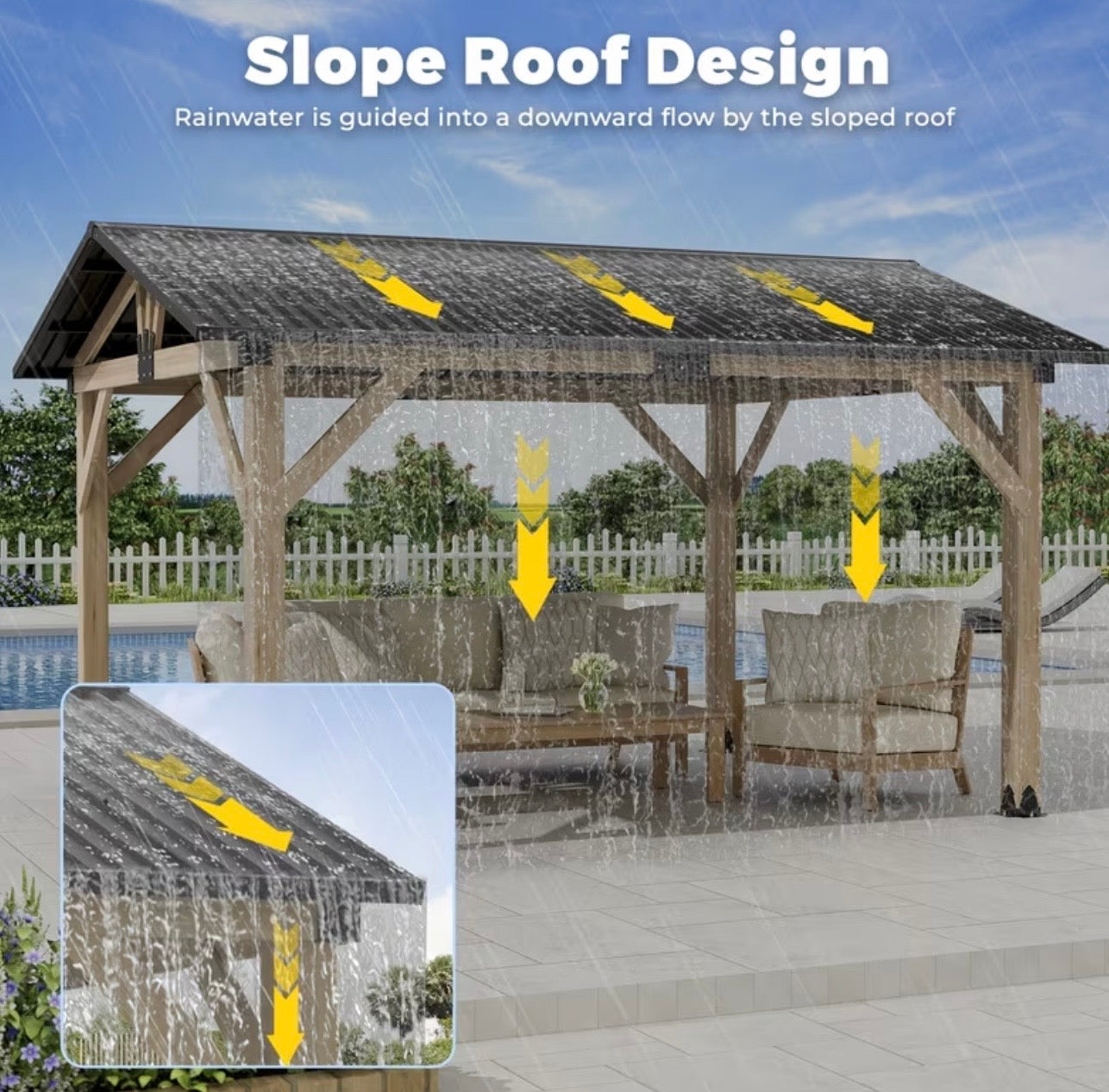 13x15ft Wood Gazebo Hardtop Galvanized Steel Roof