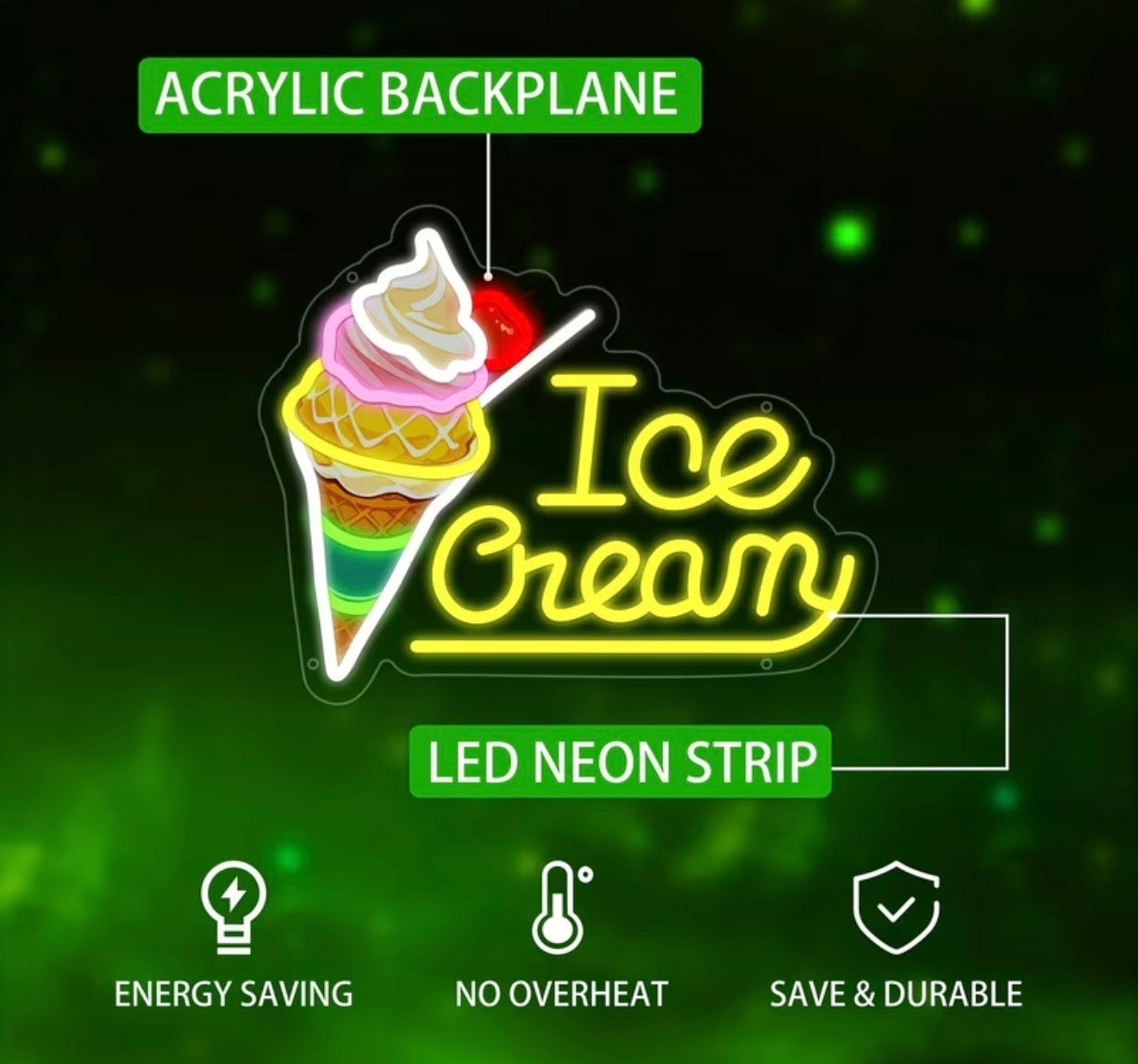 Ice Cream Neon Sign LED USB Powered Push Button Room/Wall Decor