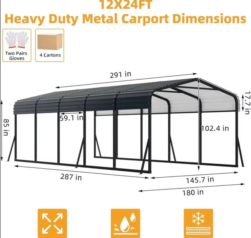 12x24x8.5ft Heavy-Duty Metal Carport with Galvanized Roof