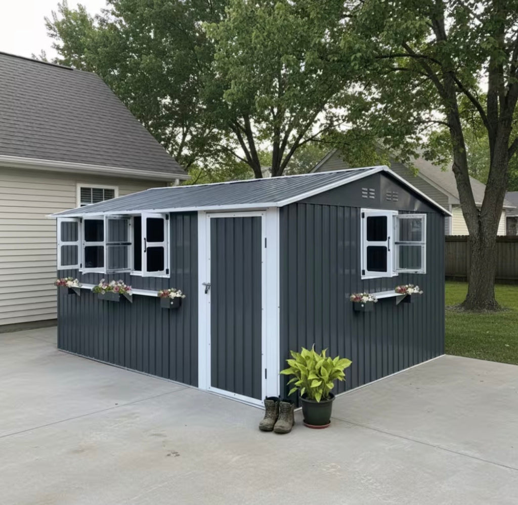 10x12ft Outdoor Metal Storage Shed with 3 Clear Windows, Flower Rack & Lockable Door