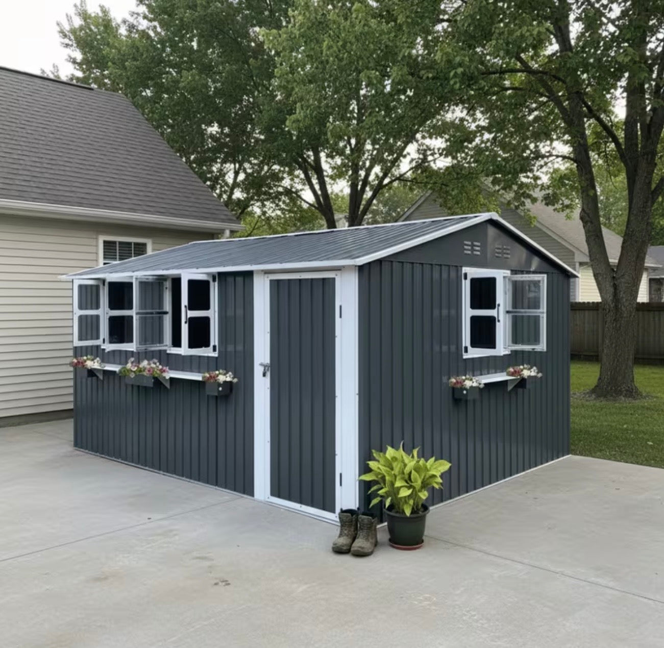 10x12ft Outdoor Metal Storage Shed with 3 Clear Windows, Flower Rack & Lockable Door