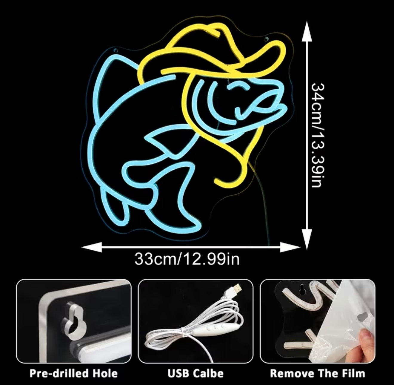 “Fish On” Neon Sign Cowboy Fish Gift USB Powered