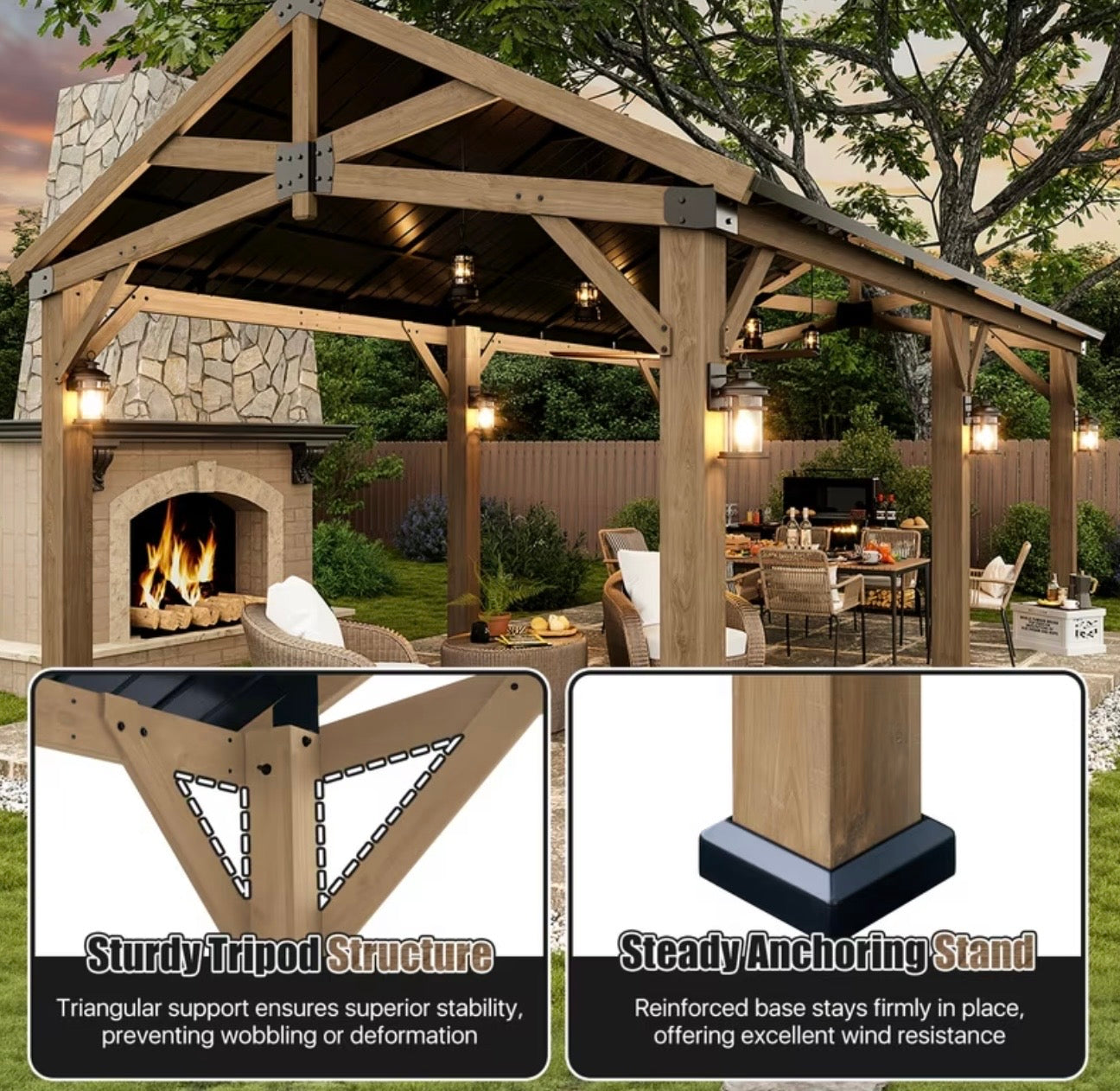 12x20ft Cedar Wood Gazebo Hardtop with Steel Gable Roof