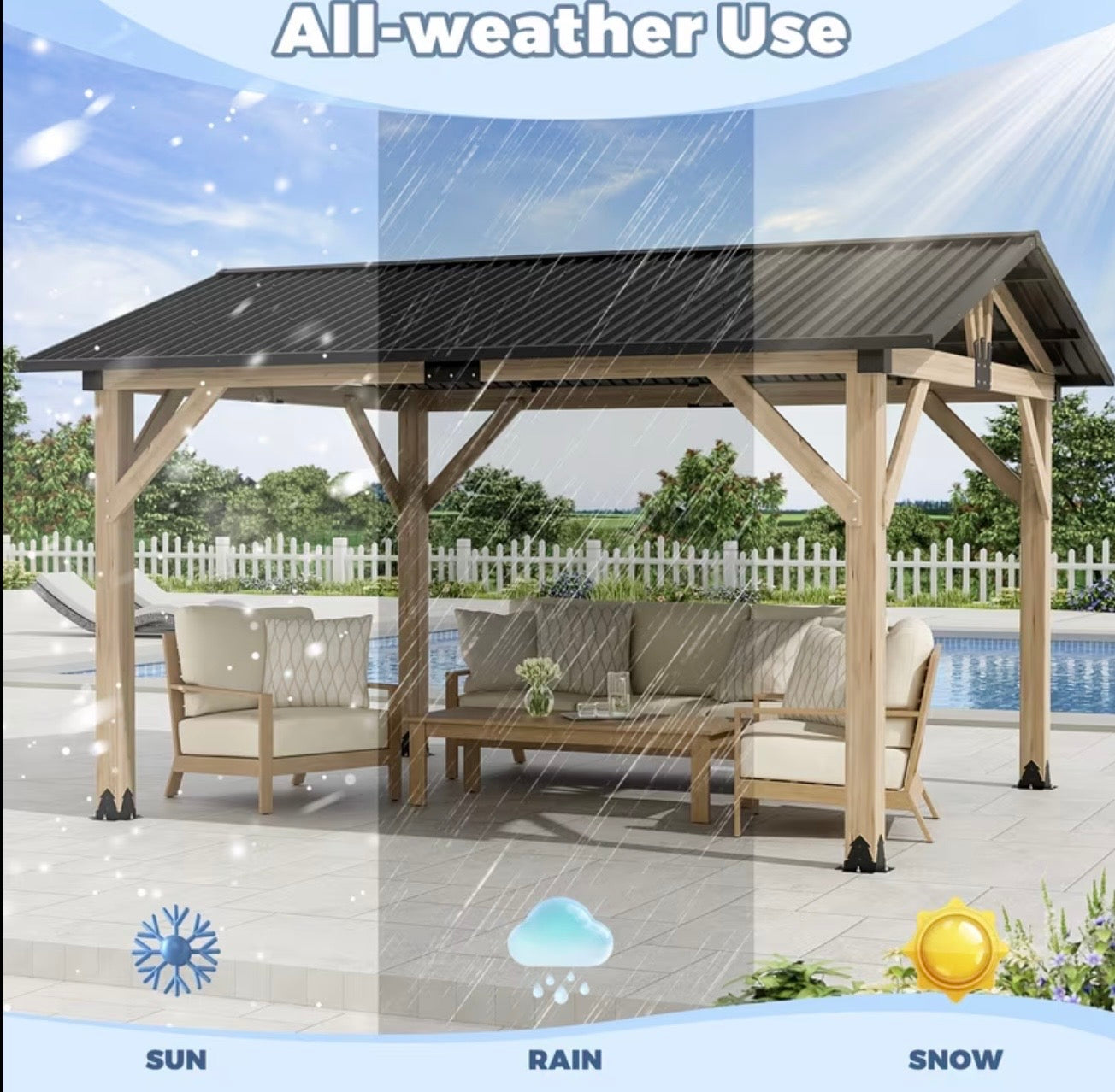 13x15ft Wood Gazebo Hardtop Galvanized Steel Roof