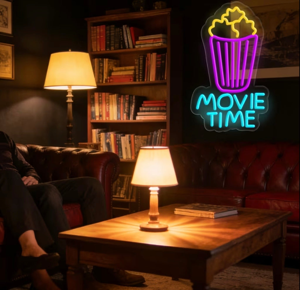 Movie Time Popcorn Bucket Neon Sign LED USB Powered