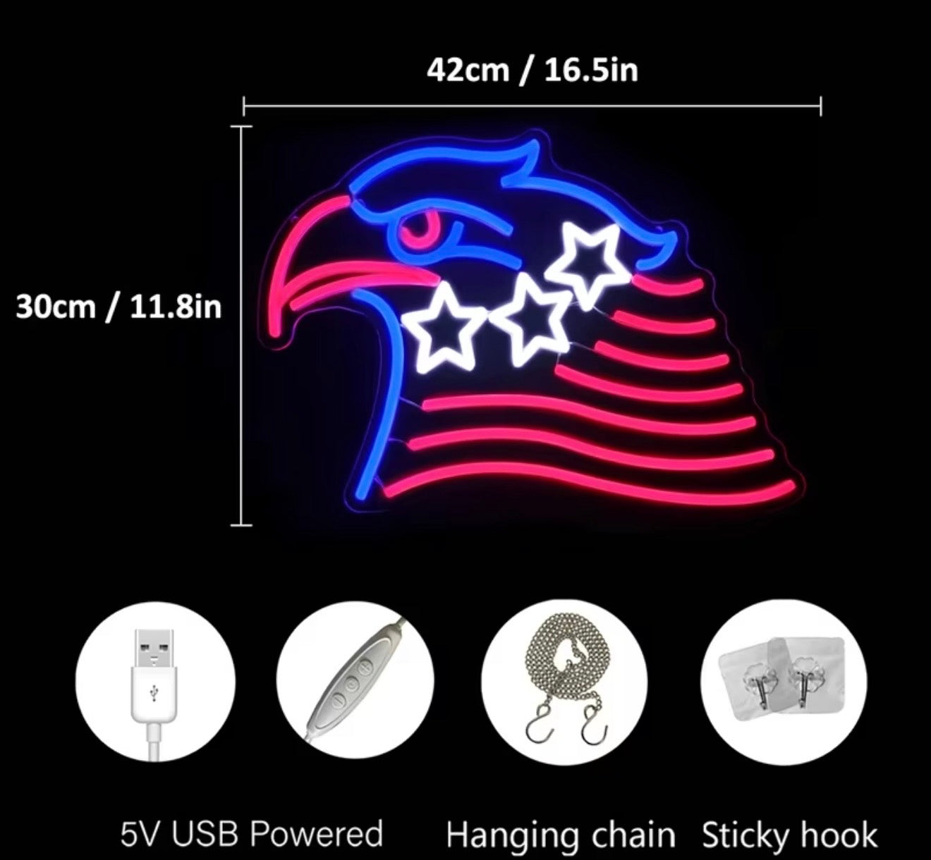 Patriotic Eagle Flag & Stars Neon Sign LED USB Powered Light