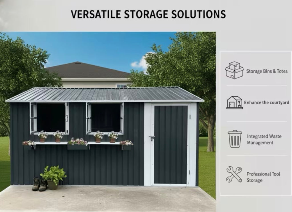 10x12ft Outdoor Metal Storage Shed with 3 Clear Windows, Flower Rack & Lockable Door