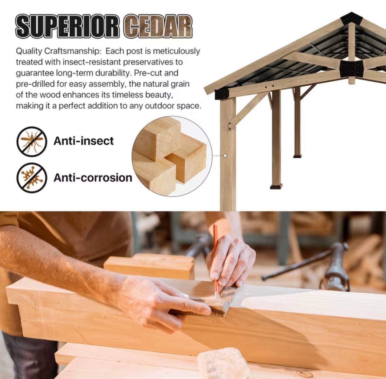 12x20ft Cedar Wood Gazebo Hardtop with Steel Gable Roof