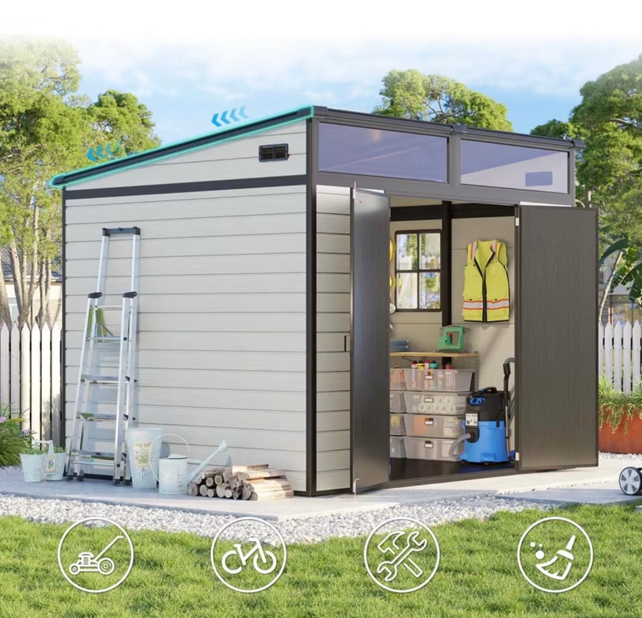 7x7ft Outdoor Metal Storage Shed with Floor, Lockable Doors, Sloped Roof, Vents & Skylight
