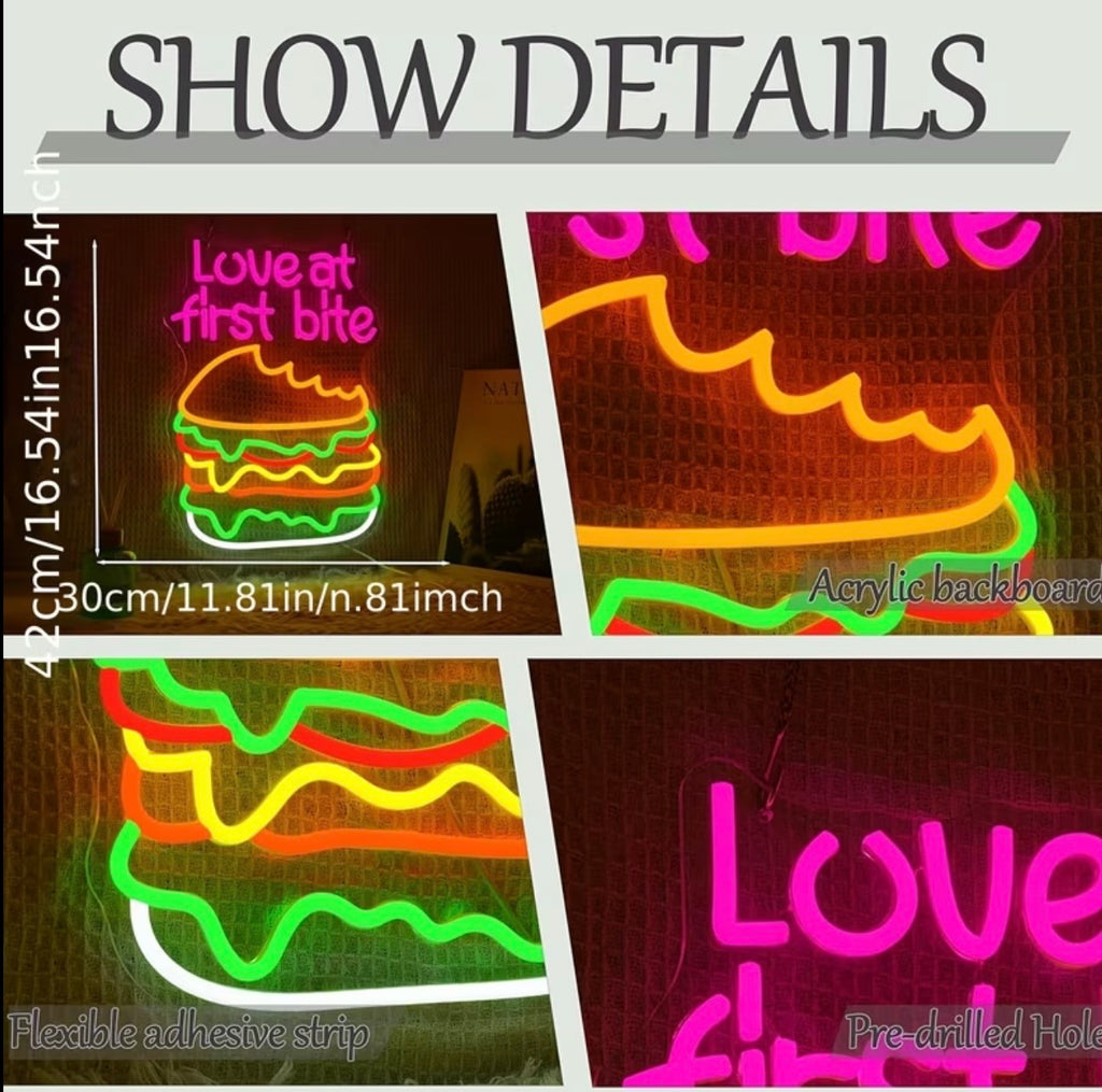 Love At First Bite Neon Sign LED Perfect for Restaurants USB Powered Light