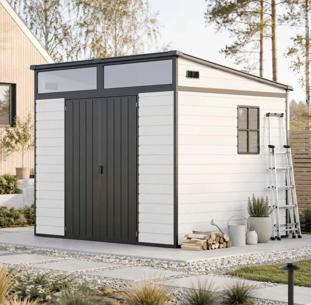 7x7ft Outdoor Metal Storage Shed with Floor, Lockable Doors, Sloped Roof, Vents & Skylight