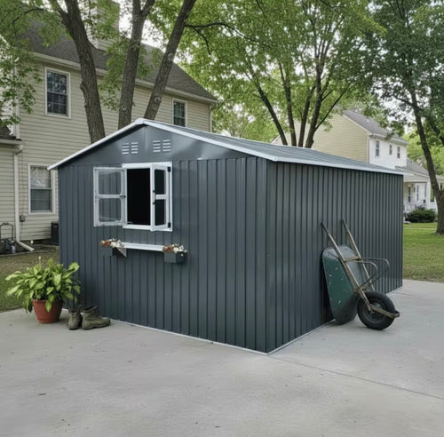 10x12ft Outdoor Metal Storage Shed with 3 Clear Windows, Flower Rack & Lockable Door