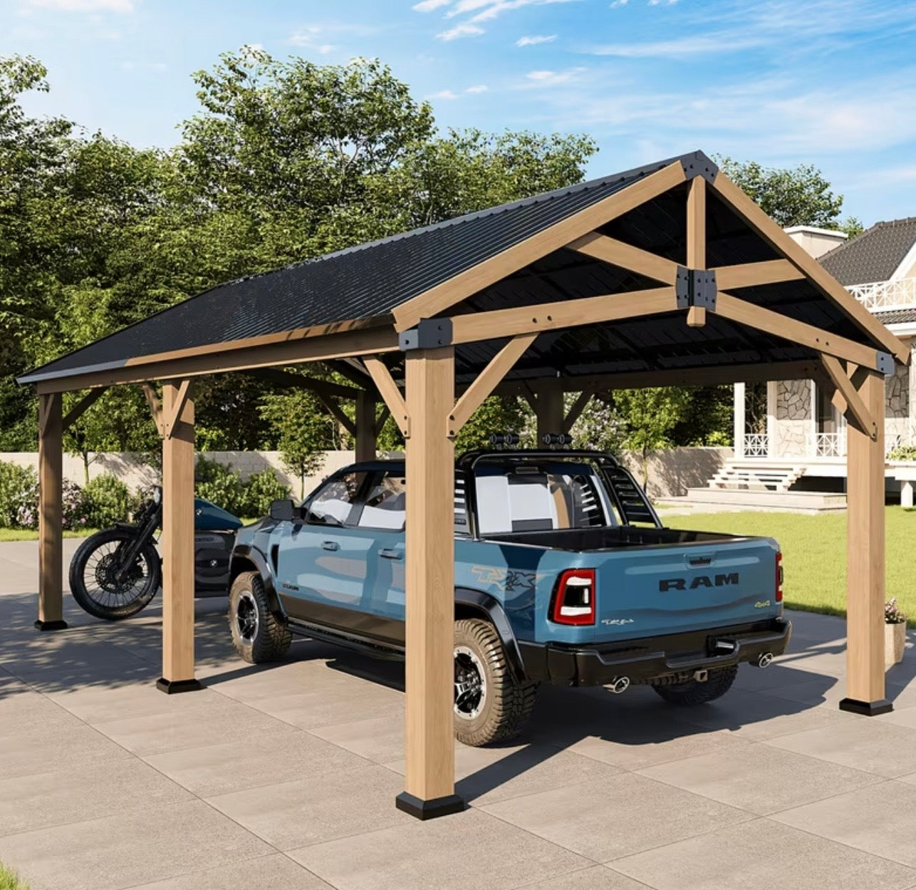 12x20ft Cedar Wood Gazebo Hardtop with Steel Gable Roof