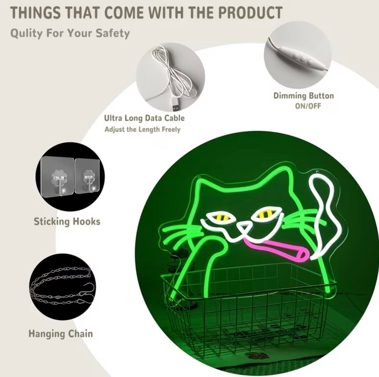 Green Cat Neon Sign 10 Mode Adjustable Brightness USB Powered Light