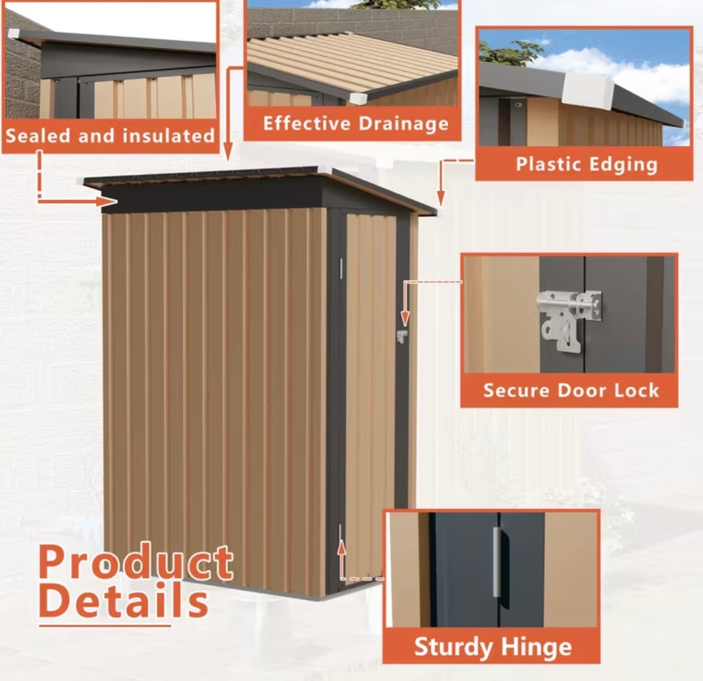 5x3ft Metal Garden Shed Pent Roof with Side Hinge Door