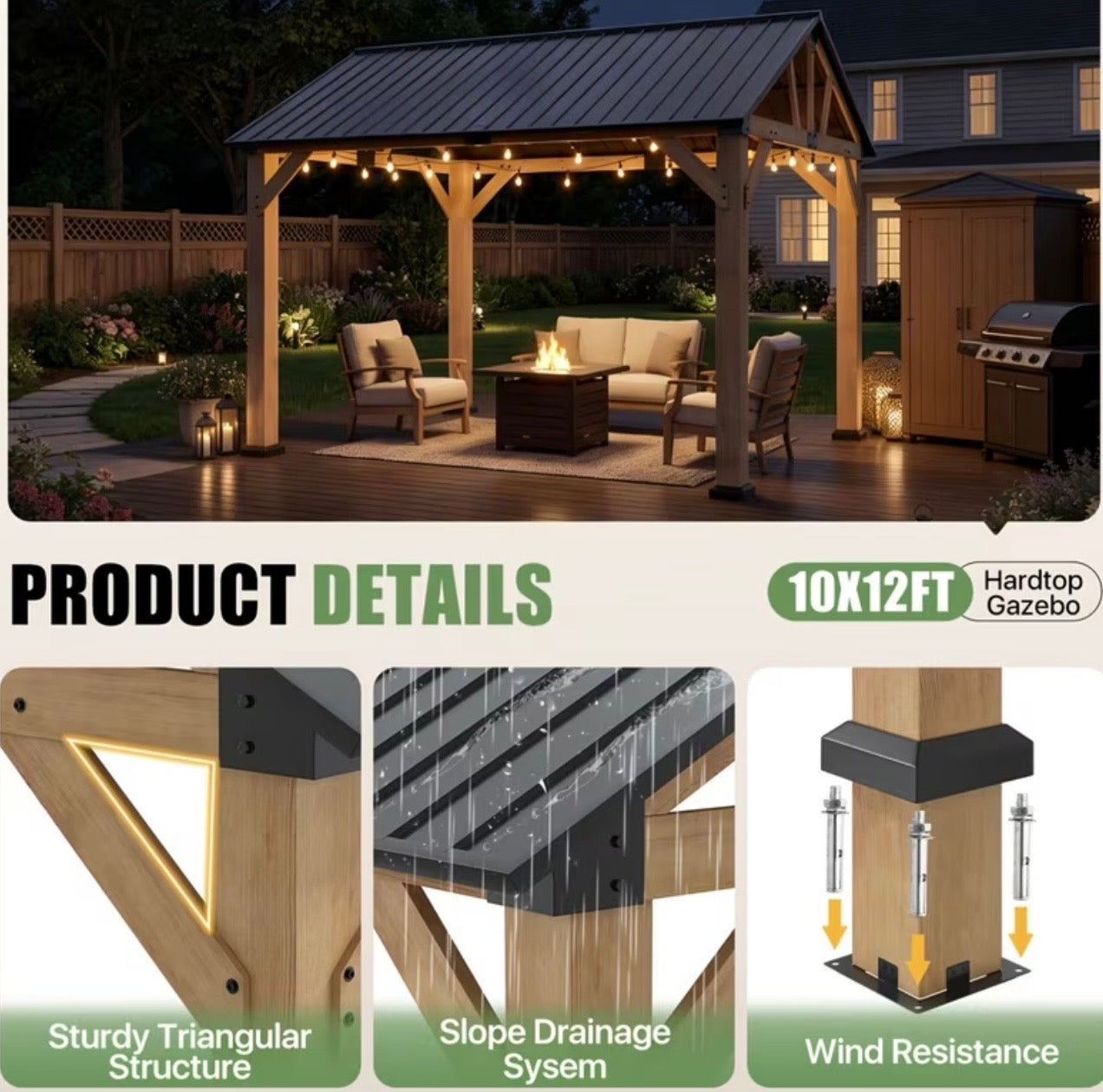 10x12ft Outdoor Wood Gazebo with Galvanized Steel Hardtop Roof