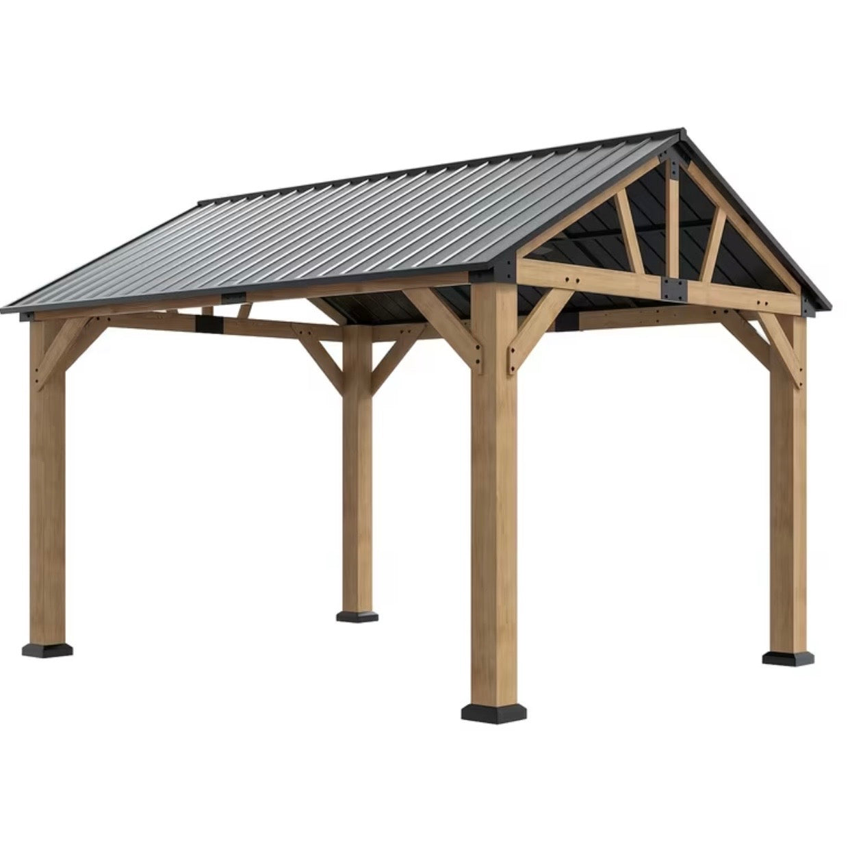 10x12ft Outdoor Wood Gazebo with Galvanized Steel Hardtop Roof