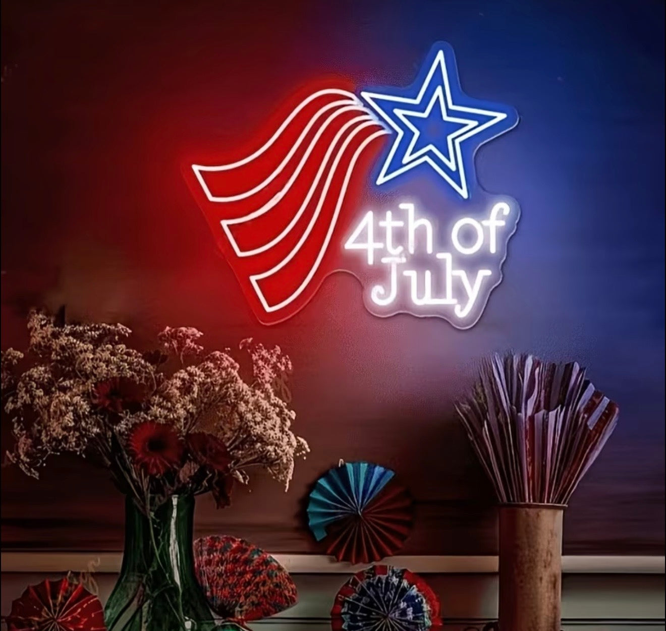 Patriotic 4th of July Flag & Star Neon Sign LED USB Powered Light