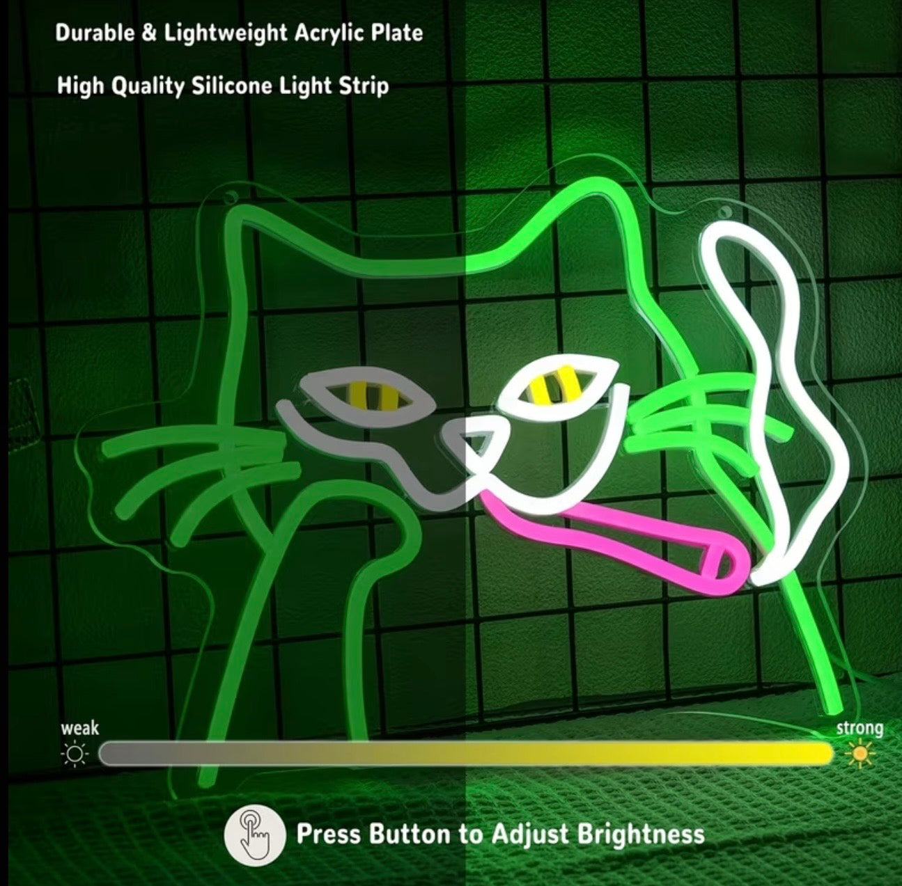 Green Cat Neon Sign 10 Mode Adjustable Brightness USB Powered Light