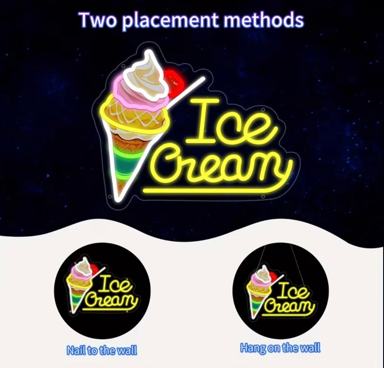 Ice Cream Neon Sign LED USB Powered Push Button Room/Wall Decor