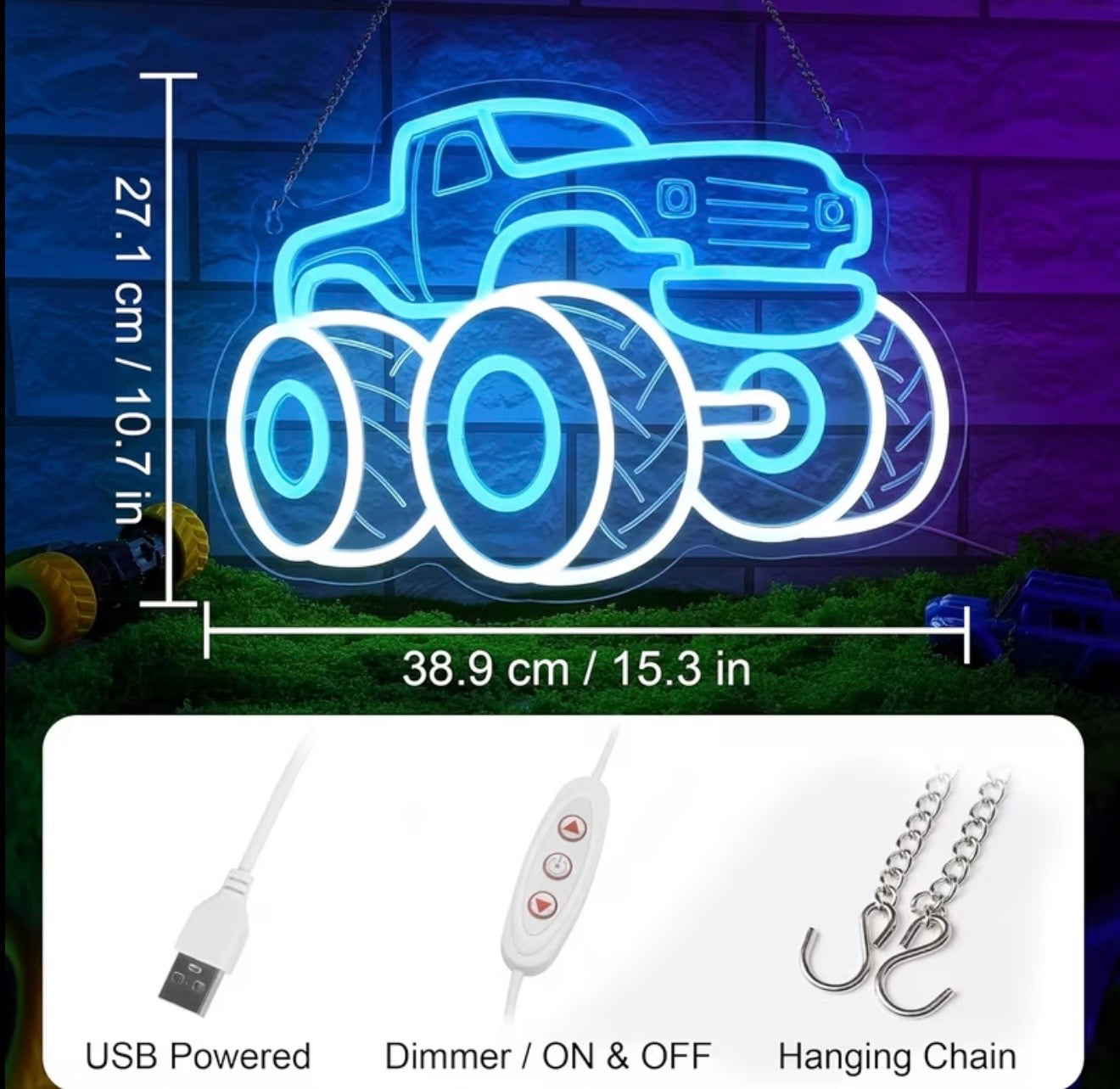 Monster Truck LED Neon Sign 10 Mode Adjustable Brightness USB Powered