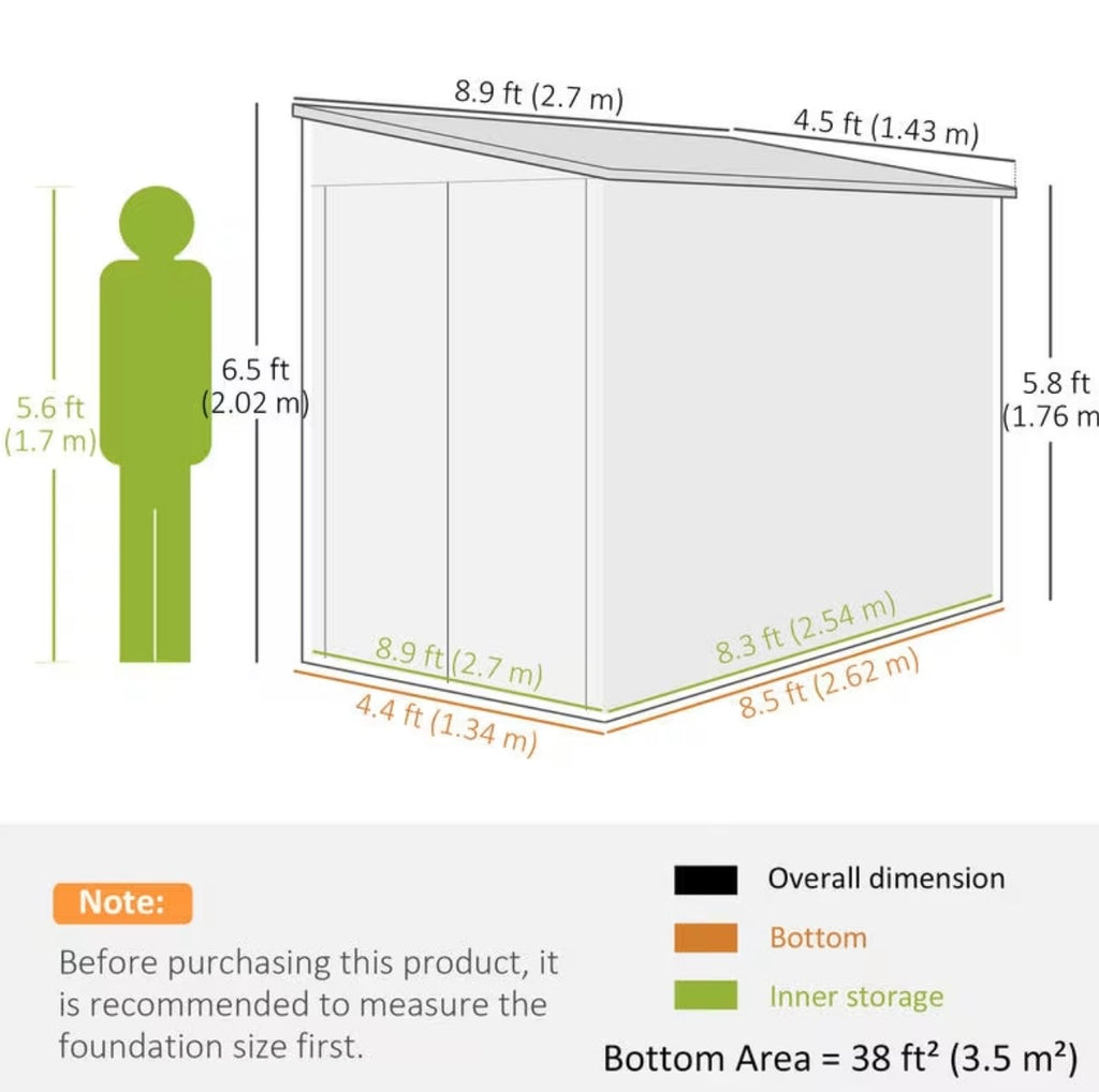 4.6x9ft Metal Lean-to Storage Shed with Foundation Kit & Lockable Doors