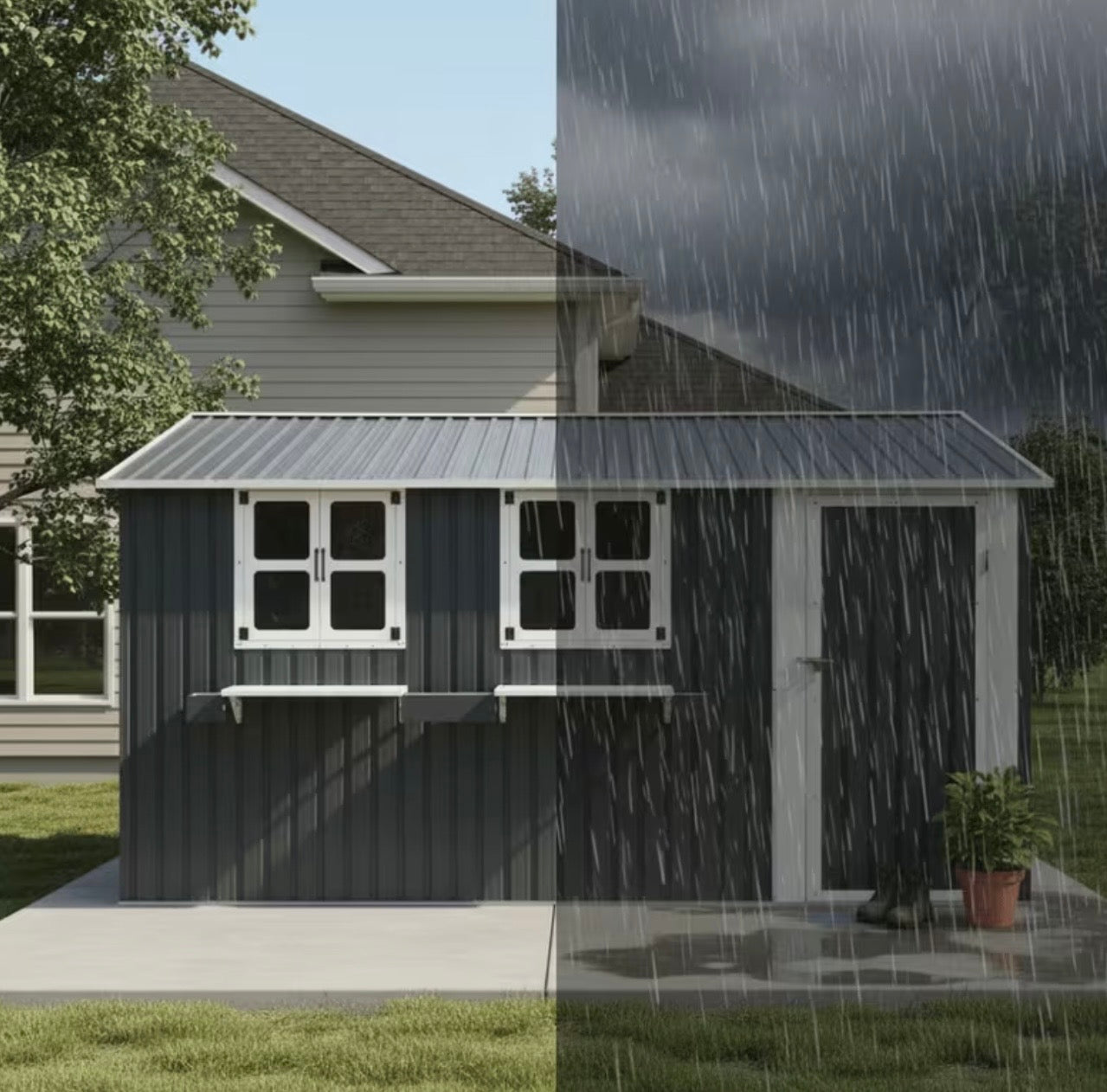 10x12ft Outdoor Metal Storage Shed with 3 Clear Windows, Flower Rack & Lockable Door