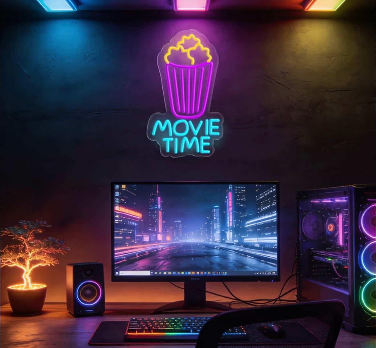 Movie Time Popcorn Bucket Neon Sign LED USB Powered