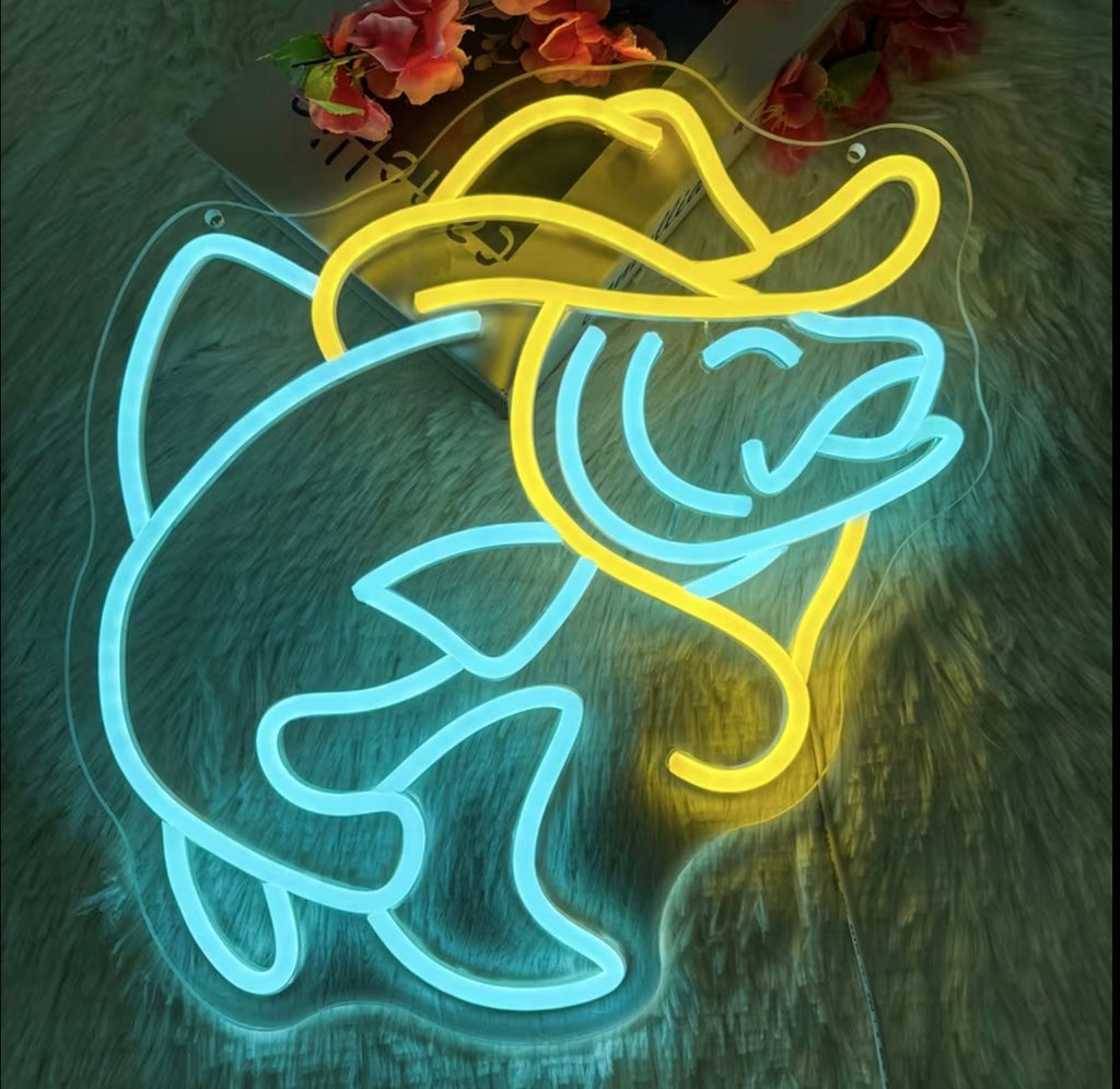“Fish On” Neon Sign Cowboy Fish Gift USB Powered