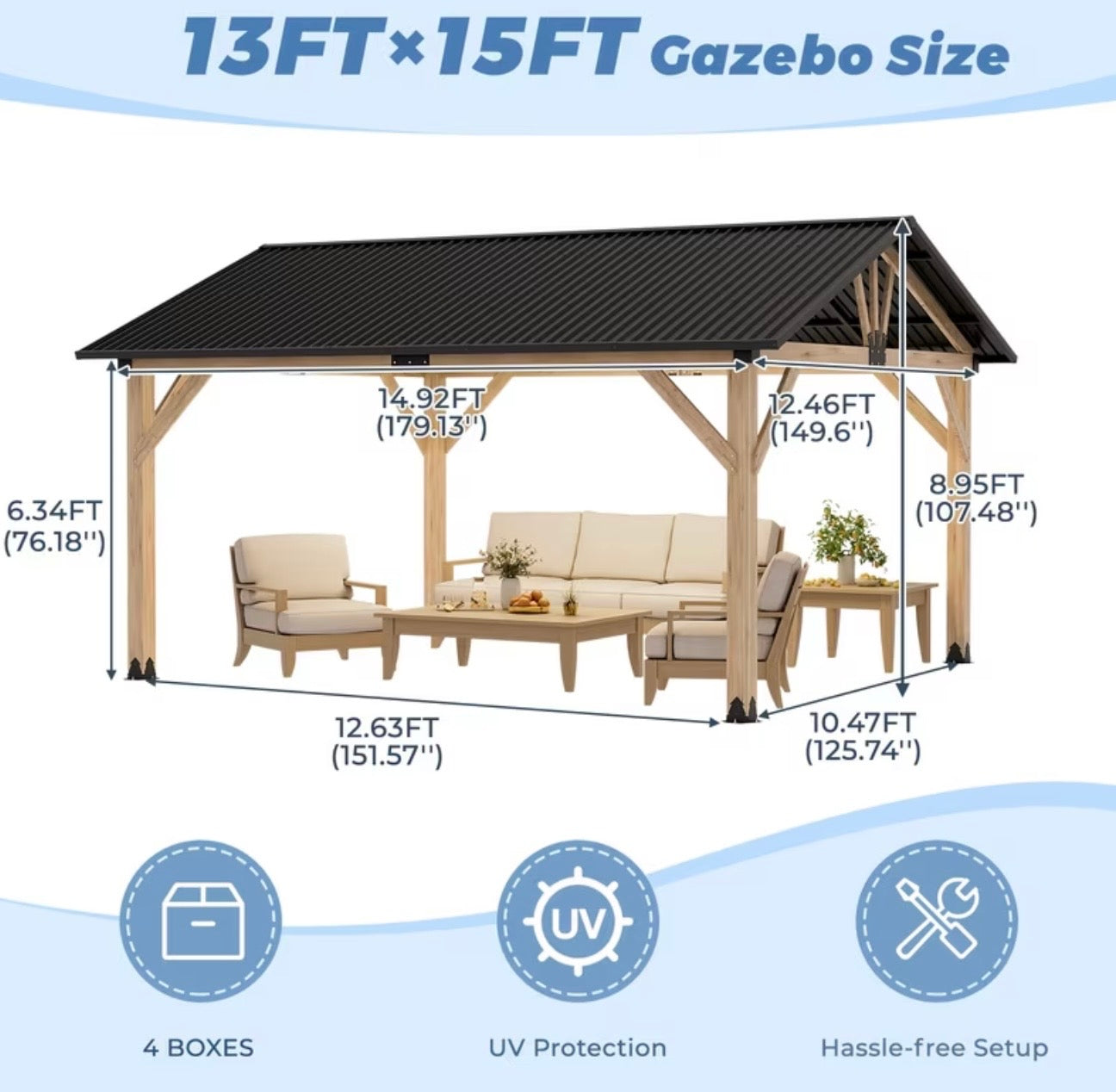 13x15ft Wood Gazebo Hardtop Galvanized Steel Roof