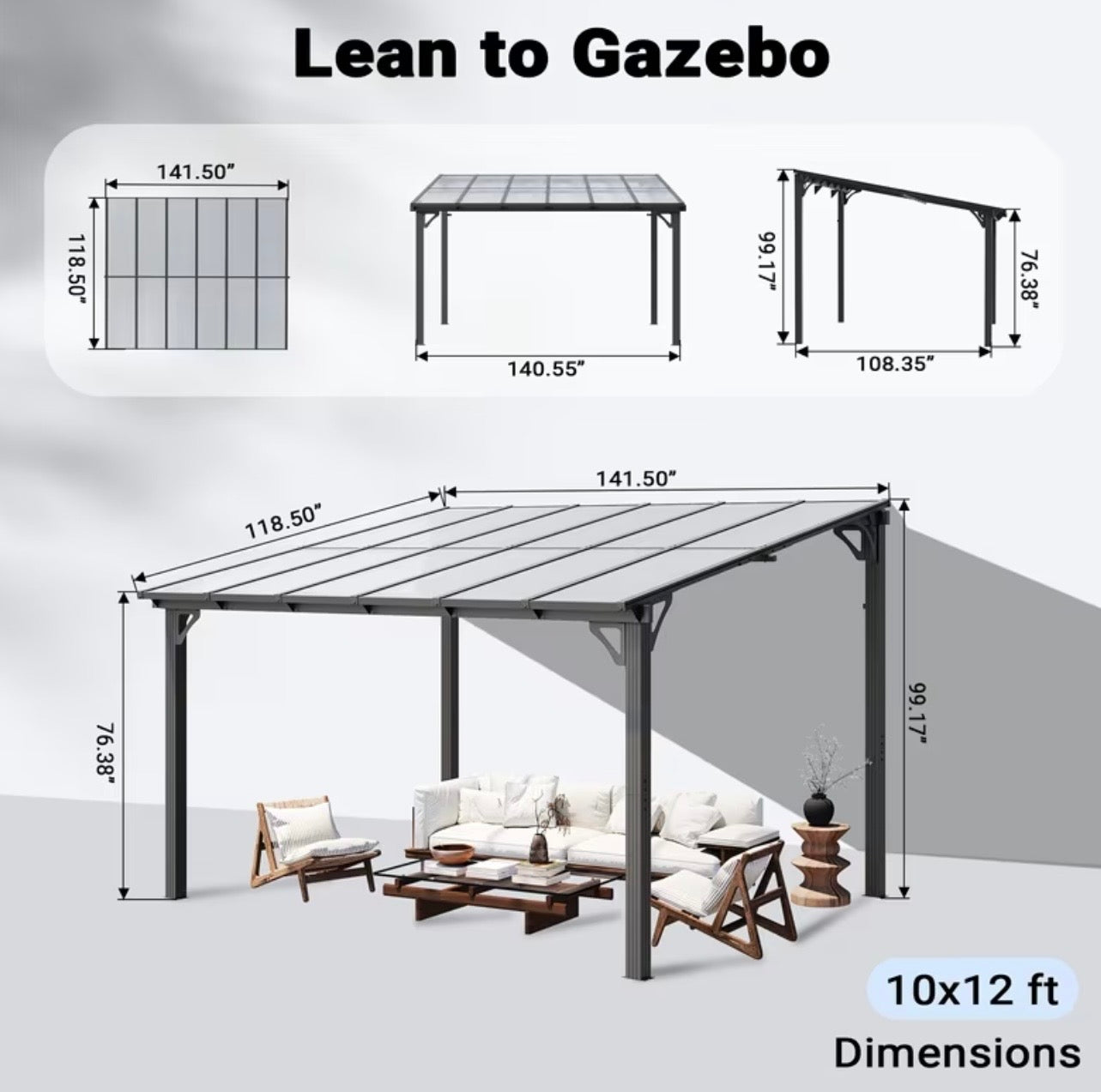 10x12ft Wall Mounted Lean-to Metal Awning