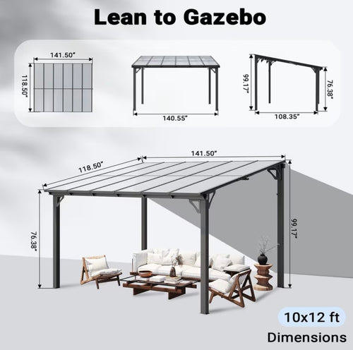 10x12ft Wall Mounted Lean-to Metal Awning
