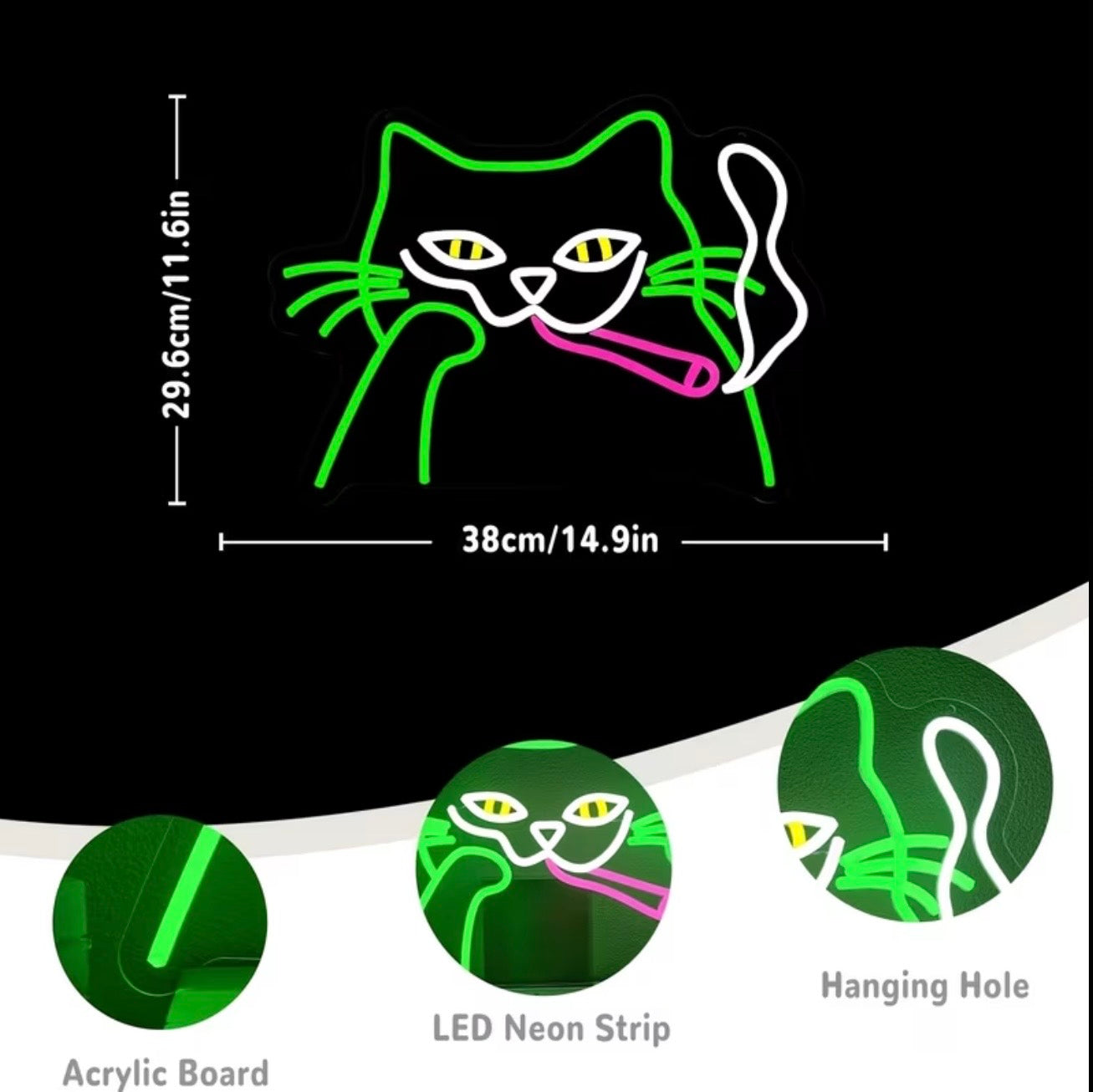 Green Cat Neon Sign 10 Mode Adjustable Brightness USB Powered Light