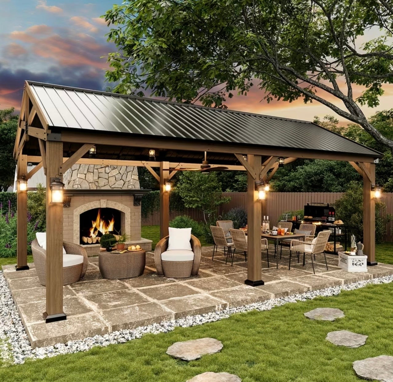12x20ft Cedar Wood Gazebo Hardtop with Steel Gable Roof